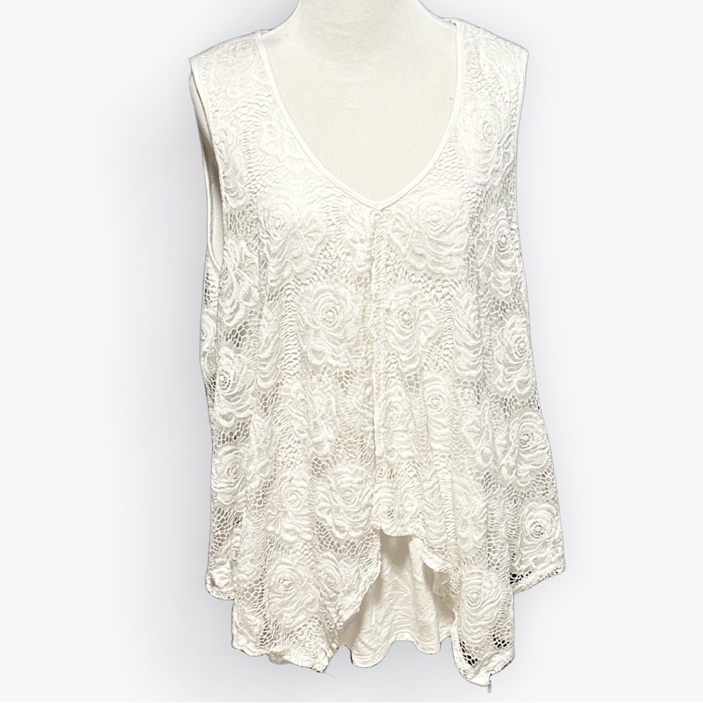 Romantic Feminine Lacy Clean Girl White V-Neck Top Split Overlay Made In USA ~1X